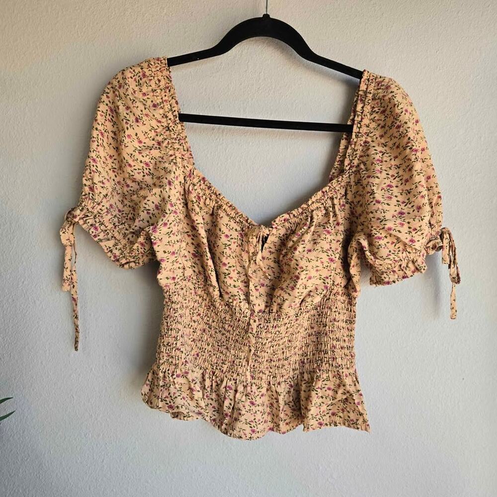 Indigo Rising Tan Floral Smocked Peplum Top - Womens Size Large Tan